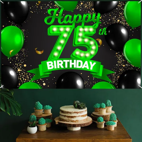 Miniatura 7 de Cartel de feliz cumpleaños 75 verde y negro, telón de fondo con texto en inglés "Cheers to 75 years old confeti", globos de confeti, decoración