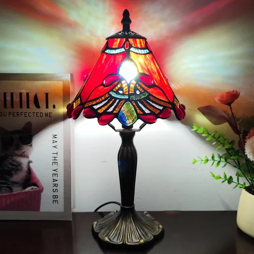 Miniatura 3 de Tiffany - Lámpara de mesa con perlas rojas, estilo barroco, vitral, luz de escritorio, pequeña lámpara de noche estilo Tiffany con bombilla LED