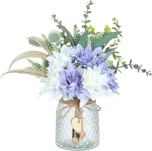 Miniatura 10 de Flores de imitación con jarrón, flores artificiales de seda en jarrón, planta falsa eucalipto y sauce, arreglo floral para el hogar, granja, cocina