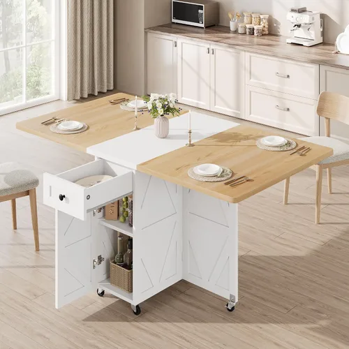 Miniatura 11 de Jocoevol Mesa de comedor plegable ahorradora de espacio para 4, mesa de comedor plegable estilo granja con cajón y estante de almacenamiento de 2