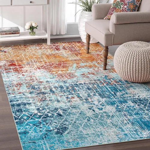 Miniatura 13 de Zealude - Alfombras abstractas boho azul rosa para dormitorio de niñas y niños, alfombra lavable de 8 x 10 pies para sala de estar y comedor
