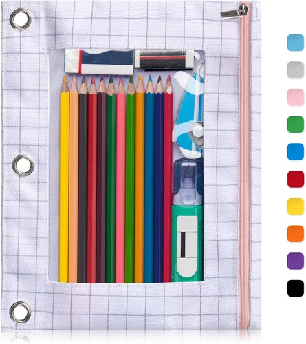 Miniatura 31 de Forvencer Estuche para lápices de 3 anillas, estuche transparente con cremallera suave, bolsa de lápices de gran capacidad con 3 ojales reforzados