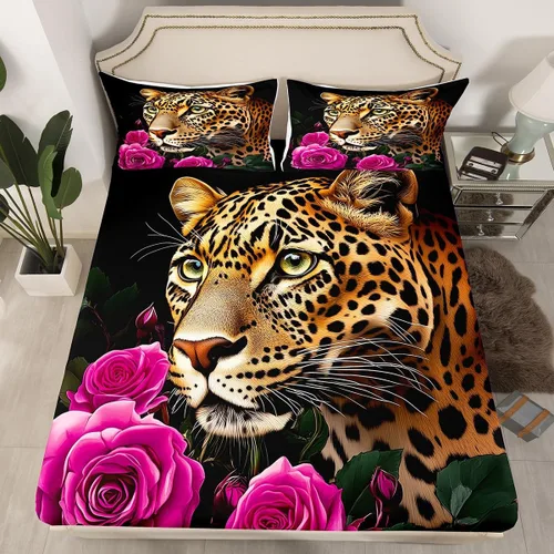 Miniatura 42 de Erosebridal Juego de sábanas bajeras de rosas rojas y leopardo, tamaño individual, diseño de animales africanos salvajes, diseño de plantas