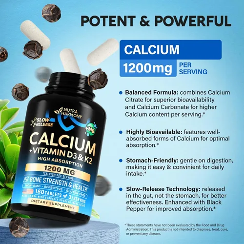 Miniatura 7 de Calcio 1200 mg con vitamina D3 - Suplementos de citrato de calcio para mujeres y hombres - Salud ósea, fuerza y densidad - Alta absorción