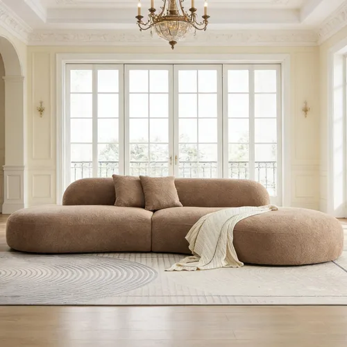 Miniatura 10 de Sofá curvado de lujo de 135.4 pulgadas, moderno sofá beige tapizado, cómodos sofás Boucle tapizados de gran tamaño con diván, sofás seccionales