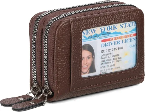 Miniatura 13 de RNIEGA Cartera pequeña de piel con bloqueo RFID para tarjetas de crédito, cartera pequeña para mujer, doble cremallera con ventana de identificación