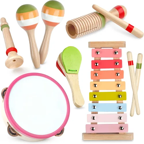 Instrumentos musicales para bebés - Juguetes musicales de madera Montessori para niños de 1 a 3 años, juego de xilófono, maracas y pandereta, Arcoír