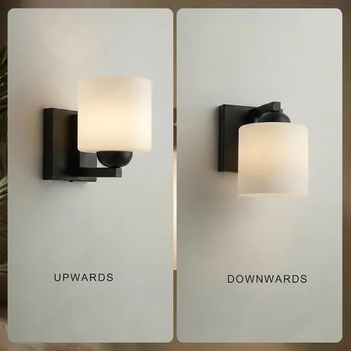 Miniatura 7 de mirrea Lámpara de tocador negra de 1 luz para espejo, aplique de pared de baño con pantallas de vidrio blanco esmerilado