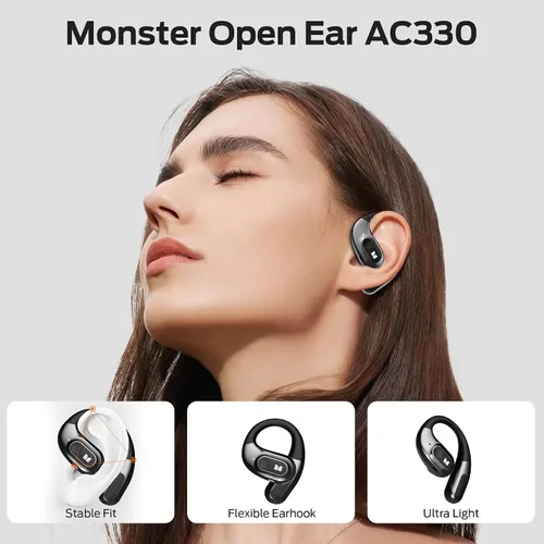 Miniatura 2 de Monster Audífonos de oreja abierta AC330, auriculares inalámbricos Bluetooth 5.4 con conversación clara, elegante funda giratoria con cordón, carga