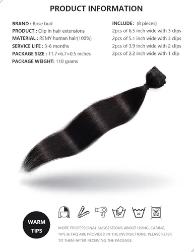 Miniatura 5 de Rosebud - Extensiones de cabello humano remy con clip, 8 unidades, 18 clips de 14 - 22 pulgadas