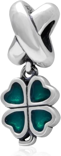 Abalorio de plata esterlina con diseño de trébol de cuatro hojas, color verde con forma de corazón y trébol para pulsera, Plata esterlina