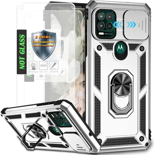 Miniatura 13 de Funda para Moto G Stylus 5G (2021) con cubierta deslizante para cámara y [2 paquetes] a prueba de explosiones, soporte de anillo giratorio de 360°