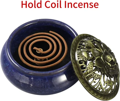 Miniatura 5 de Miupoo Quemador de incienso y soporte de incienso con soporte de palo de incienso de latón, atrapador de cenizas de cerámica (azul oscuro)