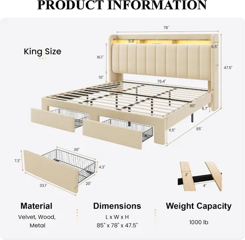Miniatura 2 de SHA CERLIN Base de cama de plataforma de tamaño matrimonial con cabecera de canal vertical copetuda y 2 cajones de almacenamiento, estantes de 2