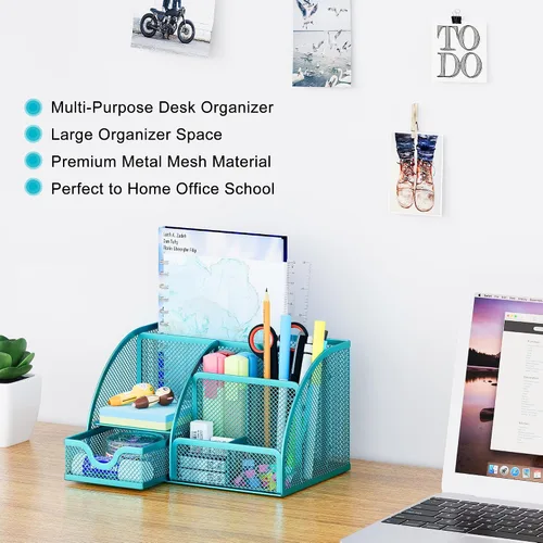Miniatura 2 de EasyPAG Organizador de escritorio de malla con cajón multifuncional para bolígrafos, organizador de papelería para suministros escolares de oficina