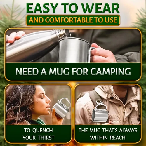 Miniatura 5 de Taza de camping de 13.5 onzas con asa de mosquetón, diseño ligero y con clip, taza de camping de acero inoxidable para mochileros, senderismo
