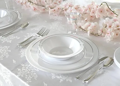 Miniatura 5 de Platos de plástico desechables Occasions para fiestas de boda (120 unidades), plateado, blanco (White / Silver Rim)