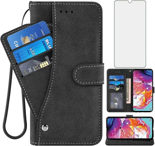 Asuwish Compatible con Samsung Galaxy A70 - Funda tipo cartera y protector de pantalla de vidrio templado, soporte para tarjetas de crédito,