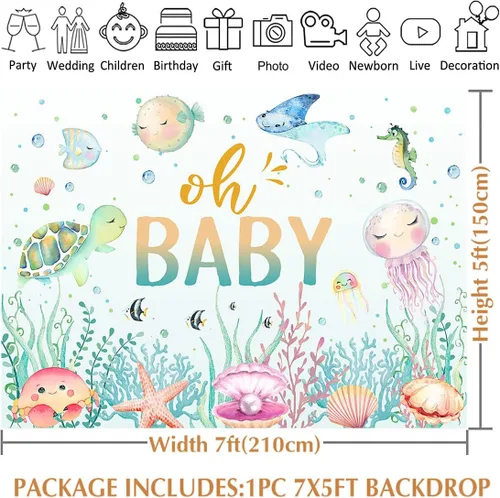 Miniatura 5 de Avezano Fondo para baby shower con texto en inglés "Under The Sea", para baby shower, fondo de fotografía de baby shower, decoración subacuática, 7