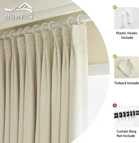 Miniatura 4 de MUMFAS - Cortina de Pliegue con Enganche, Crema Beige, 52" de ancho x 63" de largo, 50% Opaca, Aislamiento Térmico, Cortina de Puerta de Patio