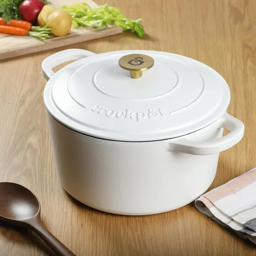 Miniatura 4 de Crock-Pot Artisan - Horno holandés redondo de 7 cuartos de galón, lino blanco mate con perilla dorada, utensilios de cocina de hierro fundido Blanco