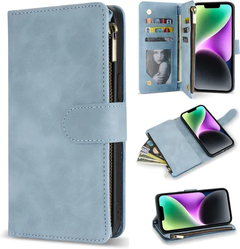 Miniatura 24 de ZZXX Funda tipo cartera para iPhone 14 Plus con [Bloqueo RFID] Ranura para tarjetas Cuero PU suave premium con cremallera tipo folio plegable