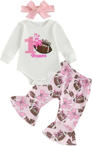 Miniatura 100 de Kuriozud Conjunto de mameluco con volantes para bebé recién nacida, con volantes, lindo conjunto de pantalones acampanados con diadema