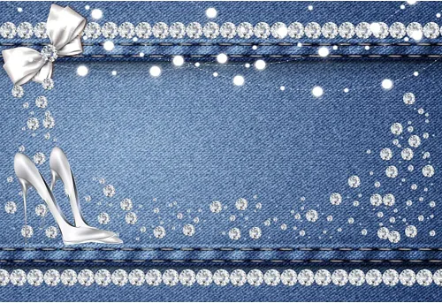 Miniatura 2 de AOFOTO Telón de fondo azul de mezclilla y diamantes de 5 x 3 pies con purpurina y tacones de cristal con lazo, fondo de fotografía para mujeres