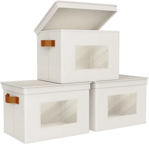 Univivi Cajas de almacenamiento plegables de tela con tapas para ropa, [paquete de 3] cajas organizadoras de armario con asas para el hogar, Beige