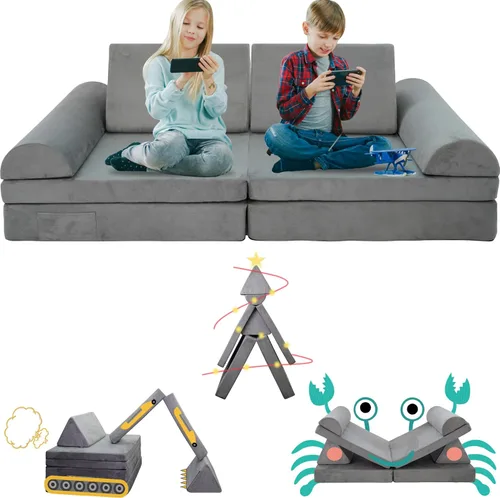 Sofá modular de juego para niños, 8 piezas, sofá convertible para niños pequeños y bebés, sofá de construcción de fortaleza para niños, sofá de