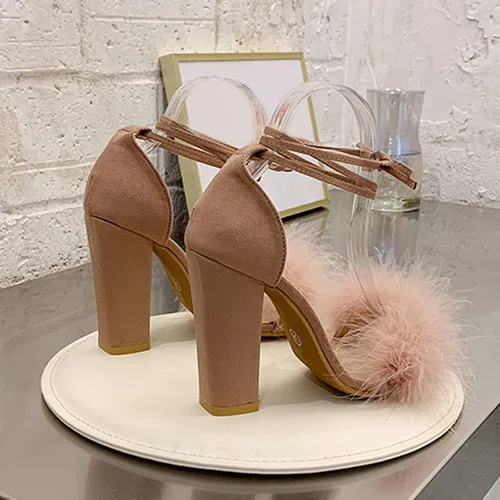 Miniatura 7 de ZiSUGP Sandalias de tacón alto con pompones y tacón ancho para mujer