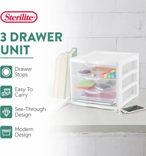 Miniatura 4 de Sterilite Clearview - Unidad de almacenamiento de escritorio pequeña con 3 cajones multiuso de plástico, para el hogar, aulas u espacios de oficina