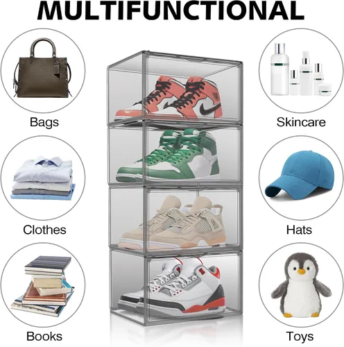 Miniatura 4 de Paquete de 2 cajas de zapatos de acrílico para armario, transparentes, apilables, tamaño 12 contenedores de almacenamiento de zapatos con tapas