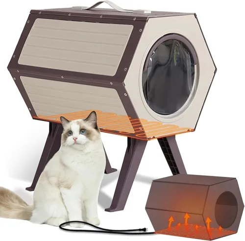 GUTINNEEN Casa para gatos con calefacción expandible para múltiples gatos, aislada para invierno, cálido refugio para gatos con calentador ajustable