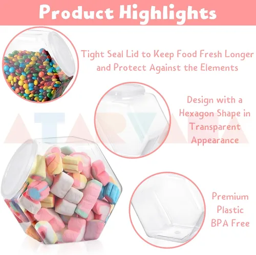 Miniatura 3 de Atarvana Juego de 4 tarros de plástico para caramelos de 72 onzas, recipientes hexagonales para dulces con tapas herméticas para bufé de dulces