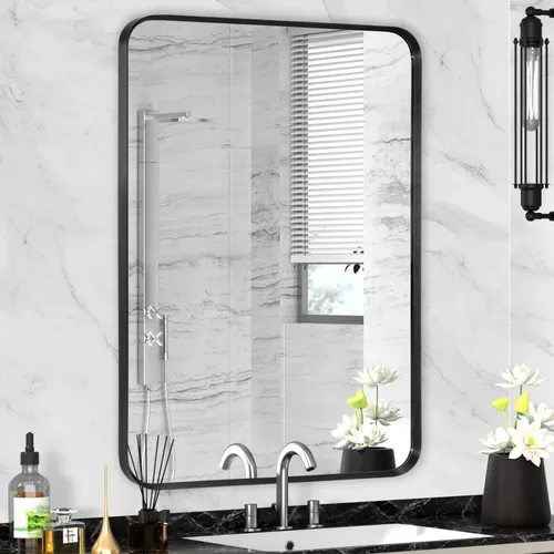 Miniatura 8 de Espejo de montaje en pared para baño, espejo rectangular de tocador rectangular con marco de metal negro cepillado (16 x 20 pulgadas, negro)