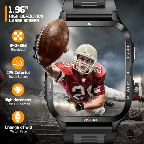 Miniatura 6 de Relojes inteligentes militares para hombre (responder/hacer llamadas) con potente linterna de 1.96 pulgadas HD, reloj inteligente táctico al aire