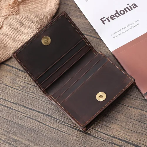 Miniatura 25 de Bolsillo frontal con bloqueo RFID, minimalista, delgado, de cuero, plegable, para tarjeta de crédito, con ventana de identificación