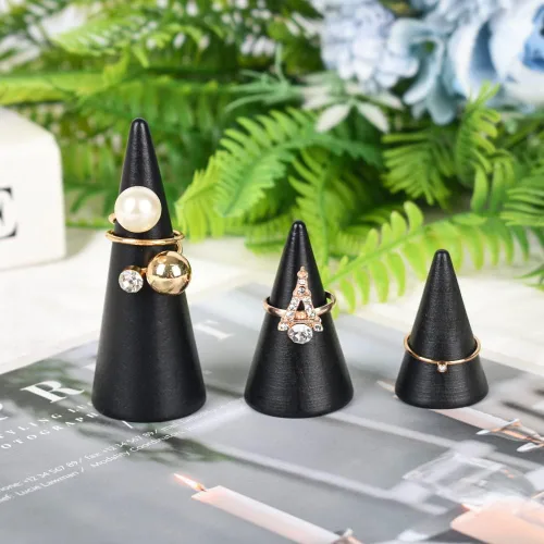Miniatura 5 de Conos de madera negra, 10 unidades de 3 tamaños diferentes para anillos de cono de madera, soporte de exhibición de joyas, conos de madera