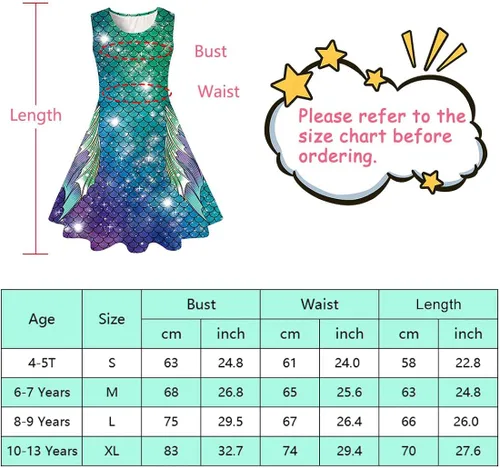 Miniatura 6 de Funnycokid Girls Mermaid Dress Kids Summer Sleeveless Dresses Birthday Sundress Swing Outfit 4-13 Years