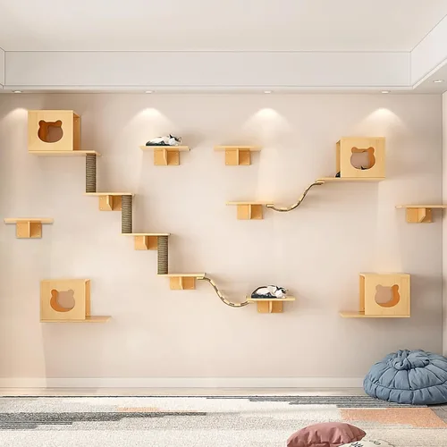 Juego de estantes y muebles de pared para gatos con condominios, perchas, escaleras de puente, postes rascadores de sisal - escalones y casas para