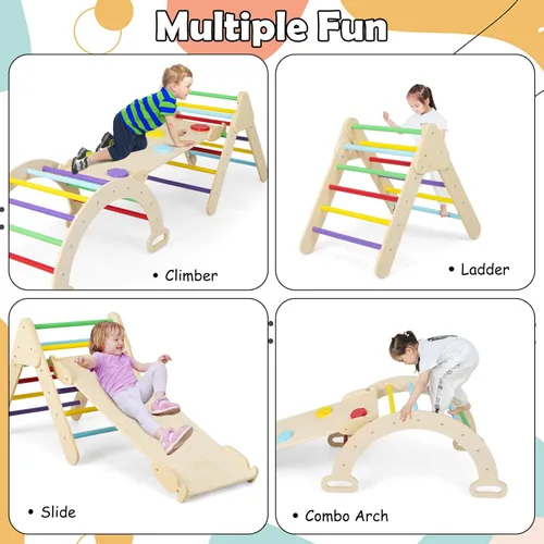 Miniatura 3 de Olakids Triángulo Pikler Set 7 en 1 Juguetes de Escalada para Niños Pequeños de 1-3 Años Interior Plegable Madera Montessori Gimnasio de la Selva