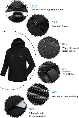 Miniatura 5 de Venustas Chaqueta térmica para hombre con batería de 7.4 V, resistente al viento con capucha desmontable