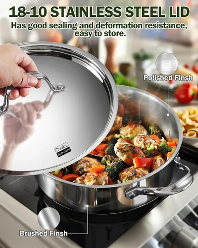 Miniatura 6 de Cooks Standard Sartén profunda, cubierta, de acero inoxidable revestido en múltiples capas, 5 cuartos de galón, 11 pulgadas., Acero inoxidable
