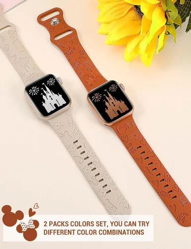 Miniatura 4 de 2 paquetes de correas grabadas con dibujos animados compatibles con Apple Watch de 38/40/41/42/44/45/46/49 mm, correa de silicona suave y linda