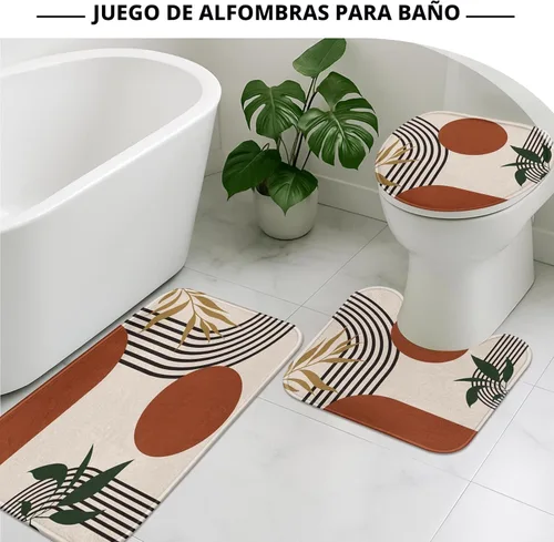 Miniatura 5 de Juego de cortina de ducha bohemia de mediados de siglo con tapa de inodoro y alfombras antideslizantes, 4 piezas geométricas abstractas modernas