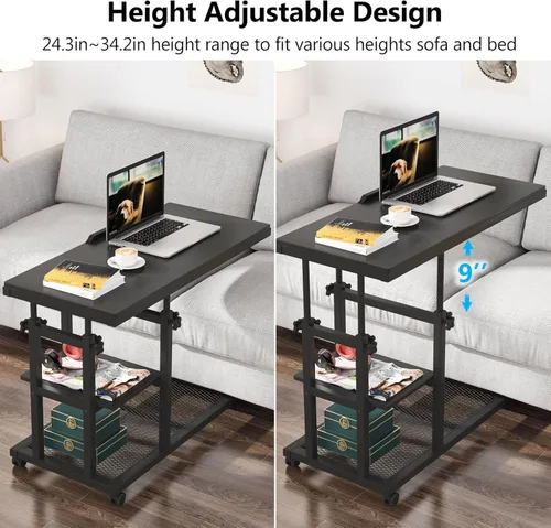 Miniatura 7 de Tribesigns Mesa C de altura ajustable con ruedas, mesa auxiliar móvil para aperitivos con tablero de dibujo inclinable, soporte para sofá, mesita