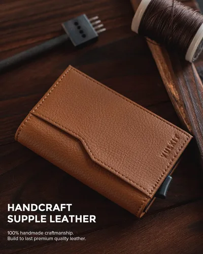 Miniatura 4 de VULKIT Tarjetero con ventana de identificación tarjetas emergentes cartera delgada de cuero con protección RFID hasta 12 tarjetas Marrón Minimalista