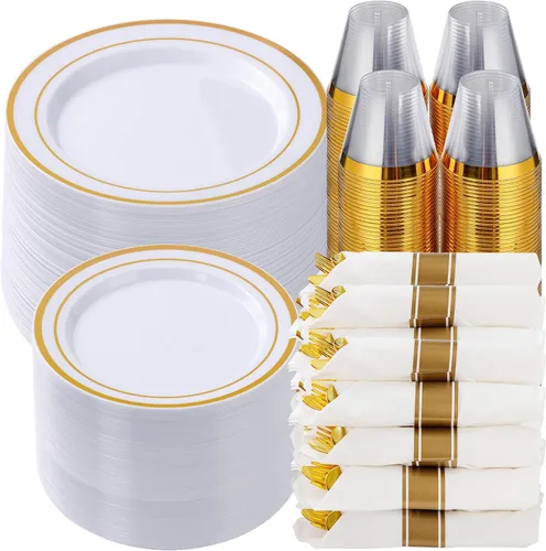 Miniatura 11 de Goodluck Juego de vajilla de plástico dorado de 350 piezas para 50 invitados, elegantes platos desechables para fiesta, incluye: 50 platos de cena