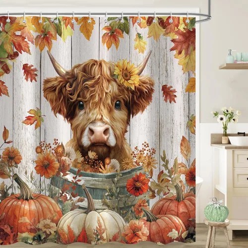 Miniatura 18 de Cortina de ducha de otoño, decoración de baño de árbol de calabaza, 72 x 72 pulgadas, tela de poliéster, cortina de baño impermeable con 12 ganchos